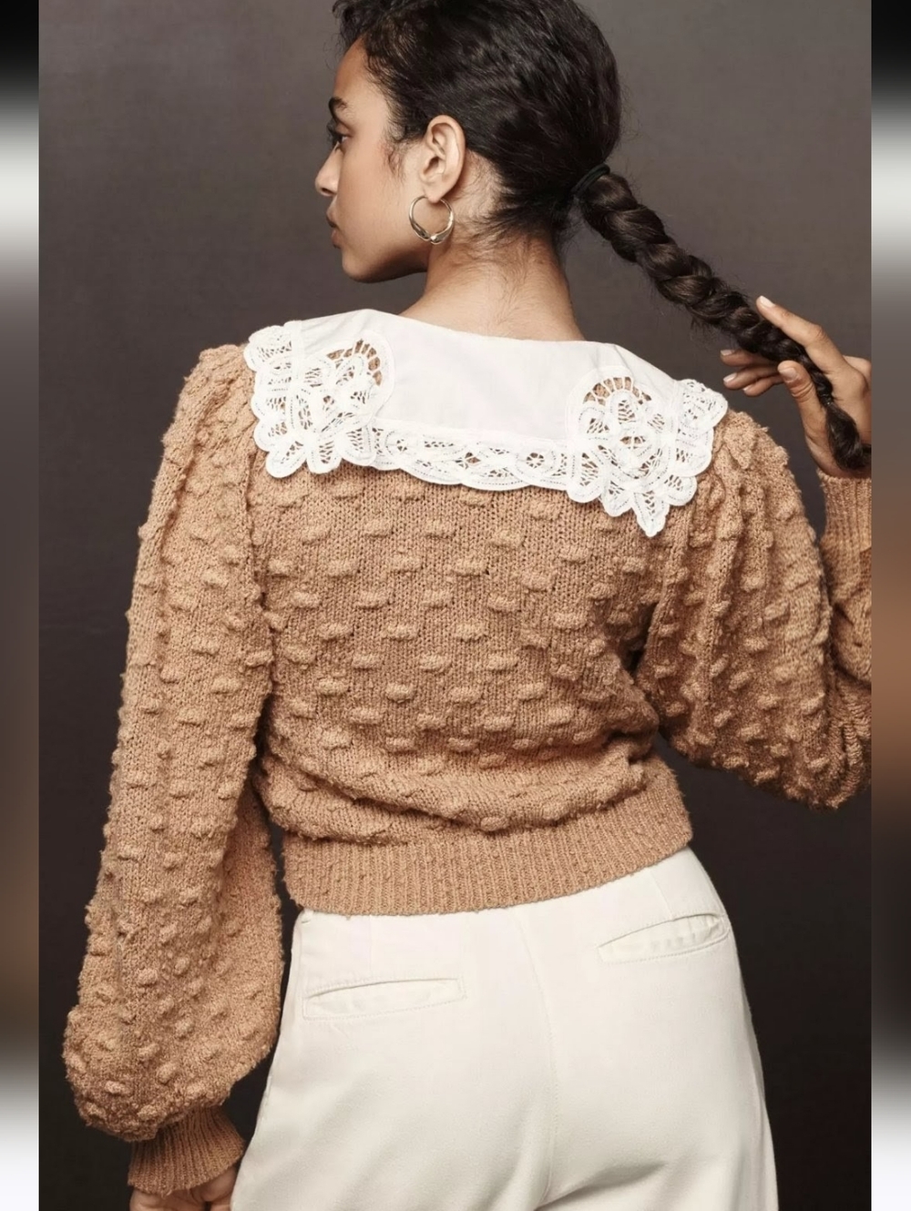 ANTHROPOLOGIE Bobble Knit Lace Collar Cropped Cotton Cardigan Mocha Brown M EUC - Picture 3 of 12